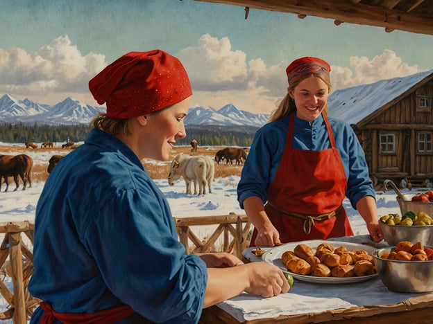 Auf dem Bild sind zwei Frauen zu sehen, die in einer ländlichen Umgebung aktiv sind. Sie tragen traditionelle Kleidungsstücke und scheinen mit dem Zubereiten von Speisen beschäftigt zu sein. Die eine Frau richtet Köstlichkeiten auf einem Tablett an, während die andere eine Frucht in der Hand hält, möglicherweise um sie hinzuzufügen.Diese Szene könnte im Zusammenhang mit besonderen Feierlichkeiten oder traditionellen Festen stehen, bei denen gemeinsames Essen und die Zubereitung von Speisen eine zentrale Rolle spielen. Solche Aktivitäten können Teil von kulturellen Bräuchen sein, die Gemeinschaft und Familie verbinden, besonders in ländlichen Gebieten, wo das Leben oft eng mit den Jahreszeiten und landwirtschaftlichen Erzeugnissen verknüpft ist. Die idyllische Landschaft mit Bergen und einer verschneiten Umgebung verstärkt den festlichen und gemeinschaftlichen Charakter dieser Tätigkeit.