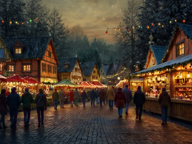 Auf dem Bild ist ein stimmungsvoller Weihnachtsmarkt zu sehen, der in einer malerischen winterlichen Umgebung angelegt ist. Die Atmosphäre ist festlich, mit bunten Lichtern und dekorierten Ständen, die verschiedene Waren anbieten.Die Geschichte des Christkindlesmarktes reicht bis ins 14. Jahrhundert zurück, als er in Nürnberg ins Leben gerufen wurde. Ursprünglich diente er dazu, den Bürgern die Möglichkeit zu geben, sich mit Lebensmitteln und Handwerkskunst einzudecken. Im Laufe der Jahre entwickelte sich der Christkindlesmarkt zu einem wichtigen Bestandteil der adventlichen Traditionen in Deutschland.Auf den Märkten werden typisch weihnachtliche Speisen und Getränke wie Glühwein, Lebkuchen und gebrannte Mandeln angeboten, und die festliche Stimmung zieht Besucher aus nah und fern an. Die bildliche Darstellung fängt die Essenz dieser Traditionen und die Gemeinschaftsbindung während der Weihnachtszeit perfekt ein.