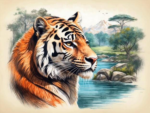 Auf dem Bild ist der Kopf eines Tigers zu sehen, der in einer natürlichen Umgebung positioniert ist, mit einem Fluss und Bäumen im Hintergrund. Solche Darstellungen können ein wertvolles Werkzeug für Bildungs- und Naturschutzprojekte im Tierfreigelände sein.Bildungsprojekte könnten den Besuchern Informationen über den Lebensraum, das Verhalten und die Gefährdung des Tigers vermitteln. Naturschutzprojekte könnten darauf abzielen, die natürliche Umgebung des Tigers zu erhalten und zu schützen, um den Fortbestand dieser Art zu sichern. Programme könnten auch die Besucher dazu anregen, aktiv an Naturschutzmaßnahmen teilzunehmen, um das Bewusstsein für die Bedeutung des Erhalts gefährdeter Arten zu schärfen.
