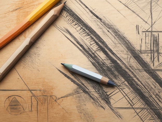 Auf dem Bild sind mehrere Bunt- und Bleistifte auf einer braunen Unterlage zu sehen. Die Stifte haben unterschiedliche Farben und sind teilweise angelegt, während sie kreative Linien und Schraffuren auf dem Papier hinterlassen. Diese Werkzeuge stehen in einem künstlerischen Kontext und könnten als Beispiel für den kreativen Entstehungsprozess dienen. Die unregelmäßigen, geschwungenen Striche auf dem Papier illustrieren die Dynamik des Zeichnens und der kreativen Gestaltung.