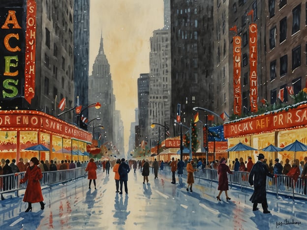 Auf dem Bild ist eine belebte Stadtstraße in New York City zu sehen, die wahrscheinlich während der Weihnachtszeit aufgenommen wurde. Die Szenerie vermittelt eine festliche Atmosphäre, unterstützt durch die Lichter und Dekorationen, die typisch für die traditionellen Weihnachtsveranstaltungen in NYC sind. Besonders bemerkenswert sind die Menschen, die in winterlicher Kleidung spazieren gehen, während es leicht schneit.Diese Darstellung erinnert an beliebte Weihnachtsaktivitäten in New York, wie den Weihnachtsmarkt in Bryant Park, die festliche Beleuchtung der Stadt und die berühmte Weihnachtsbaumbeleuchtung am Rockefeller Center. Solche Veranstaltungen ziehen jedes Jahr zahlreiche Besucher an und schaffen eine besondere, festliche Stimmung in der Stadt.