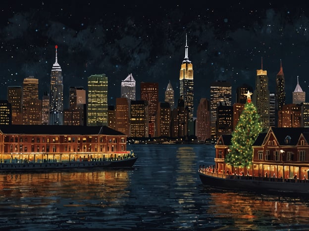 Auf dem Bild ist eine festlich erleuchtete Stadtansicht von New York City in der Weihnachtszeit zu sehen. Die Skyline ist mit funkelnden Lichtern geschmückt, darunter das berühmte Empire State Building. Auf dem Wasser schwimmen zwei Boote, eines davon mit einem großen, geschmückten Weihnachtsbaum.Besondere Erlebnisse zur Weihnachtszeit könnten Spaziergänge durch die festlich dekorierten Straßen, das Ansehen von Weihnachtslichtern in der Stadt oder der Genuss von heißem Kakao in einem gemütlichen Café umfassen. Solche Momente schaffen unvergessliche Erinnerungen und verbreiten eine besondere Weihnachtsstimmung.