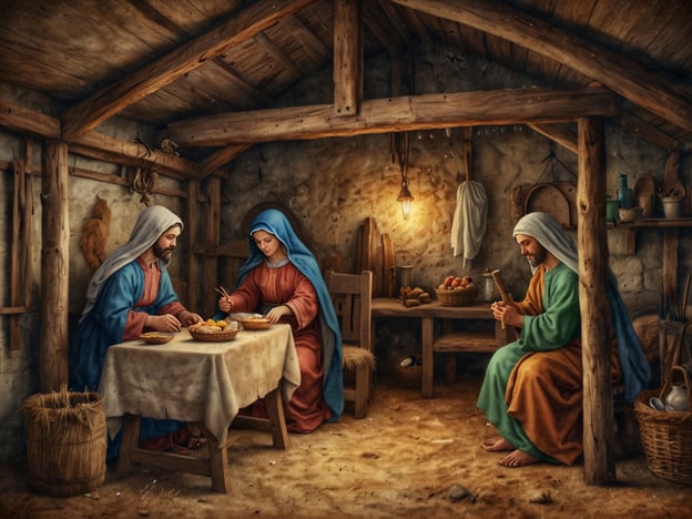 Auf dem Bild sind verborgene Schätze der historischen und kulturellen Darstellung sichtbar. Es zeigt eine intime Szene, wahrscheinlich aus der biblischen Zeit, in einem einfachen, rustikalen Raum.**Höhepunkte:**- **Familienmoment:** Die Figuren, vermutlich Maria und Josef, teilen eine friedliche Mahlzeit, was ein Gefühl der Fürsorglichkeit und Verbundenheit vermittelt.- **Traditionelle Kleidung:** Die authentische Kleidung der Protagonisten spiegelt die damalige Zeit wider.- **Warmes Licht:** Die sanfte Beleuchtung durch die hängende Lampe schafft eine heimelige Atmosphäre.- **Rustikale Einrichtung:** Möbel und Materialien stammen aus einer einfachen Lebensweise, was den Alltag jener Zeit veranschaulicht.Diese Details laden dazu ein, über das Leben und die Werte der dargestellten Personen nachzudenken.