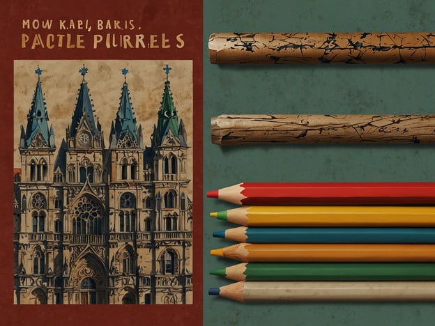 Auf dem Bild ist eine künstlerische Darstellung eines Gebäudes zu sehen, das wahrscheinlich eine Kirche oder ein historisches Rathaus darstellt, mit markanten Türmen und reich verzierten Fassaden. Es sind auch einige Buntstifte und zwei Holzstifte im Vordergrund zu sehen. Diese Elemente könnten auf kreative Arbeiten oder Kunstprojekte hinweisen, die mit dem Motiv des Gebäudes in Verbindung stehen.Die besten Standorte im Herzen der Stadt sind ideal, um solche beeindruckenden Bauwerke zu besichtigen, die oft in der Nähe von zentralen Plätzen liegen, umgeben von Cafés, Geschäften und kulturellen Attraktionen.