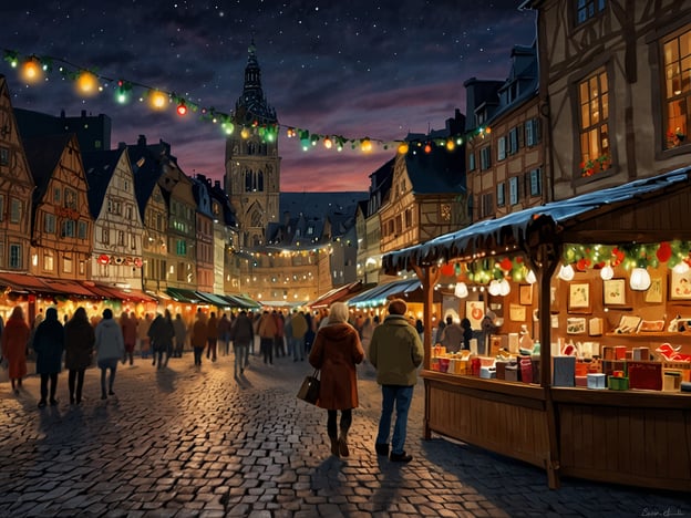 Auf dem Bild ist ein weihnachtlicher Markt zu sehen, der von festlich geschmückten Ständen umgeben ist. Die Atmosphäre ist warm und einladend, mit Lichtern und dekorativen Elementen, die für eine festliche Stimmung sorgen. Im Hintergrund erhebt sich ein beeindruckendes Gebäude, wahrscheinlich eine Kirche oder ein historisches Rathaus, und der Himmel ist mit Sternen übersät.**Tipps für einen unvergesslichen Besuch:**1. **Frühzeitiger Besuch:** Kommen Sie früh, um die Menschenmengen zu vermeiden und die Stände in Ruhe zu erkunden.2. **Lokale Spezialitäten probieren:** Kosten Sie die regionalen Köstlichkeiten wie Glühwein, Bratwurst oder gebrannte Mandeln.3. **Bilder machen:** Vergessen Sie nicht, Fotos von den festlichen Lichtern und Ständen zu machen, um die Erinnerungen festzuhalten.4. **Geschenke kaufen:** Nutzen Sie die Möglichkeit, handgefertigte Geschenke oder einzigartige Souvenirs zu erwerben.5. **Unterhaltung genießen:** Achten Sie auf Live-Musik oder andere kulturelle Darbietungen, die oft auf Weihnachtsmärkten stattfinden.6. **Warme Kleidung:** Ziehen Sie sich warm an, da es abends kühl werden kann und Sie länger draußen bleiben möchten, um die Atmosphäre zu genießen.