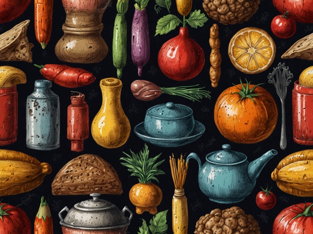 Auf dem Bild sind viele verschiedene kulinarische Köstlichkeiten und eine bunte Auswahl an frischem Gemüse und Obst zu sehen. Es gibt Tomaten, Paprika, Kürbis und zahlreiche andere Zutaten, die sich hervorragend für festliche Mahlzeiten eignen.Darüber hinaus sind auch einige Küchenutensilien, wie Teekannen und Schalen, abgebildet, die bei der Zubereitung weihnachtlicher Genüsse nützlich sind. Diese Farbenpracht und Vielfalt weckt die Vorfreude auf köstliche Gerichte und festliche Anlässe!