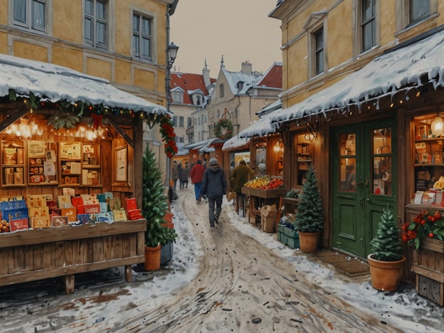 Auf dem Bild ist eine winterliche Szene eines Marktes zu sehen, der festlich dekoriert ist. Die Stände sind mit Lichtern und Weihnachtsdekoration ausgestattet. Es werden verschiedene Produkte angeboten, darunter vielleicht lokale Erzeugnisse und Geschenke.Im Kontext von Nachhaltigkeit und lokalen Produkten im Advent könnte dieser Markt eine hervorragende Möglichkeit darstellen, regionale Produzenten zu unterstützen. Der Fokus auf lokale Waren nicht nur fördert die Wirtschaft vor Ort, sondern reduziert auch den ökologischen Fußabdruck, indem lange Transportwege vermieden werden.Advents- und Weihnachtsmärkte bieten oft handgefertigte Produkte, die umweltfreundlicher sind und gleichzeitig die Traditionen und die Kultur der Region widerspiegeln. Zudem können Besucher durch den Kauf von nachhaltigen Produkten ein Zeichen für ein bewussteres Konsumverhalten setzen.