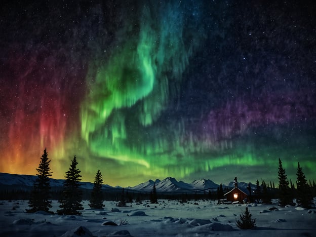 Auf dem Bild sind magische Polarlichter über Lappland zu sehen. Die Farben der Aurora Borealis reichen von lebhaftem Grün bis zu sanften Violett- und Rottönen, die den Nachthimmel erleuchten. Im Vordergrund steht eine kleine Hütte, umgeben von schneebedeckten Landschaften und Tannenbäumen, während im Hintergrund majestätische Berge schemenhaft aufragen. Diese atemberaubende Szenerie vermittelt ein Gefühl von Ruhe und Wunder, perfekt belichtet unter dem Funken des Sternenhimmels.
