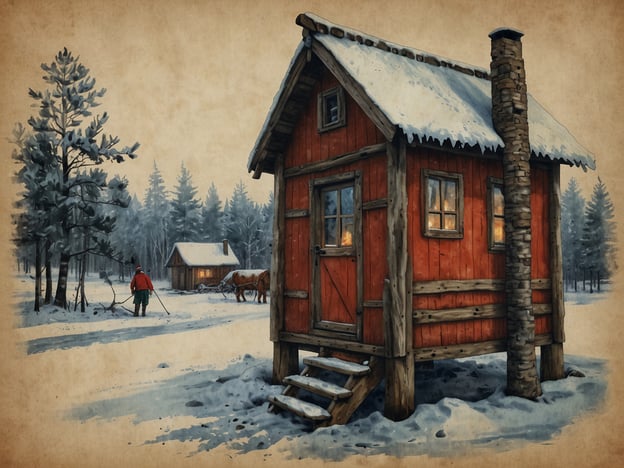 Auf dem Bild ist eine rot gestrichene, winterliche Hütte in einer verschneiten Landschaft zu sehen, umgeben von Tannenbäumen. Im Hintergrund gibt es eine weitere Hütte und einen Mann, der mit Skiern unterwegs ist.In Schwedisch-Lappland sind Weihnachtstraditionen eng mit der Natur und der Kultur der Sami verbunden. Zu den typischen Bräuchen gehört unter anderem das Feiern von Jul, wobei das traditionelle Julbord (Weihnachtsbuffet) mit verschiedenen regionalen Spezialitäten wie Fisch, Rentier und Knäckebröd aufgetischt wird. Auch das Entzünden von Kerzen, das Dekorieren mit Weihnachtsalpen und das Besuchen von Weihnachtsmärkten sind beliebte Aktivitäten. In vielen Haushalten wird die „Julgranen“ (Weihnachtsbaum) festlich geschmückt, und die Kinder warten gespannt auf das Kommen von Jultomten, dem schwedischen Weihnachtsmann.