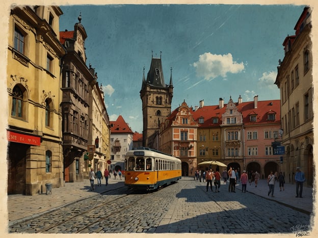 Auf dem Bild ist eine malerische Straße in Prag zu sehen. Im Vordergrund fährt eine Straßenbahn, während Passanten die gepflasterte Straße entlang schlendern. Die Architektur der Gebäude ist typisch für Prag, mit bunten Fassaden und historischen Elementen, die eine charmante Atmosphäre schaffen.Für die Anreise nach Prag kann man mit dem Flugzeug, Zug oder Auto reisen. Es gibt zahlreiche Verbindungen, die eine bequeme Ankunft ermöglichen.Als passende Unterkünfte bieten sich Hotels, Hostels oder Apartments in der Nähe der Altstadt an, sodass man die Sehenswürdigkeiten leicht erreichen kann. Es lohnt sich, im Voraus zu buchen, insbesondere in der Hochsaison.