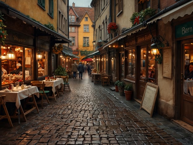 Auf dem Bild ist eine malerische Gasse zu sehen, die von charmanten Restaurants und Cafés gesäumt wird. Die Tische sind mit weißen Tischdecken gedeckt, und die Umgebung wirkt einladend und gemütlich. Besucher könnten hier lokale Spezialitäten genießen, wie regionale Gerichte oder traditionelle Snacks.In der Gasse scheinen Leute zu flanieren und die Atmosphäre zu genießen, was darauf hindeutet, dass es ein beliebter Ort für Freizeitaktivitäten wie Essen und Trinken im Freien sein könnte. Die blühenden Pflanzen und die warmen Lichter schaffen eine angenehme Stimmung, ideal für einen entspannten Abend mit Freunden oder Familie.
