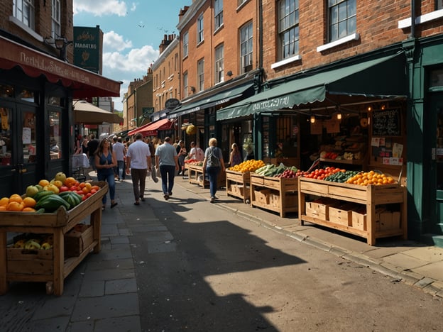 Auf dem Bild ist eine lebendige Straße in einem städtischen Gebiet zu sehen, vermutlich in einem Markt oder Einkaufsviertel. An den Holzkisten an den Seiten sind verschiedene frische Obst- und Gemüsesorten ausgestellt, was auf ein Angebot an lokalen Produkten hinweist. Die Umgebung wirkt einladend und bietet Platz für Fußgänger, die die Geschäfte und Stände besuchen.Wenn man Weihnachten in Greenwich und Camden betrachtet, könnte diese Szene eine interessante Kontrastaufnahme zu festlichen Märkten und geschmückten Straßen sein. Während die Weihnachtszeit oft mit Märkten, bunten Lichtern und festlichen Dekorationen in Verbindung gebracht wird, zeigt dieses Bild den alltäglichen Lebensstil und die Frische der lokalen Märkte, die eine ganz besondere Atmosphäre schaffen. In beiden Vierteln könnte man die Fülle an Möglichkeiten erleben, lokal produziertes Essen zu genießen, während gleichzeitig die festliche Stimmung das Stadtleben bereichert.
