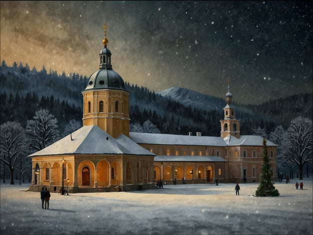Auf dem Bild ist eine winterliche Szenerie mit einem historischen Gebäude, das möglicherweise eine Kapelle oder ein Kloster darstellt, umgeben von schneebedeckten Bäumen und Bergen. Zur Adventszeit könnten solche Orte Attraktionen wie besinnliche Weihnachtsmärkte, festliche Beleuchtung und stimmungsvolle Veranstaltungen bieten.Besondere Orte, die man in dieser Zeit besuchen kann, sind zum Beispiel der Nürnberger Christkindlesmarkt, der Dresdner Striezelmarkt oder die Weihnachtsmärkte in großen Städten wie München und Köln, die für ihre festliche Atmosphäre und handgemachten Geschenke bekannt sind. Auch die besinnliche Stimmung in Klöstern, die oft weihnachtliche Konzerte und Messen anbieten, ist in dieser Zeit sehr geschätzt.