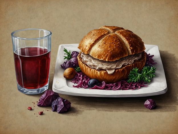 Auf dem Bild ist ein Sandwich zu sehen, das auf einem weißen Teller serviert wird, umgeben von rotem Kraut und frischen Kräutern. Dazu steht ein Glas mit einem roten Getränk.In der isländischen Weihnachtszeit sind einige kulinarische Highlights traditionell sehr beliebt. Dazu gehören:1. **Þorramatur** - Eine Auswahl an traditionellen isländischen Speisen, oft serviert zu feierlichen Anlässen.2. **Hangikjöt** - Räuchergeselchtes Lammfleisch, das oft zu Weihnachten gegessen wird.3. **Rúgbrauð** - Dunkles schwedisches Roggenbrot, das häufig zu den Festtagsspeisen gereicht wird.4. **Jólakaka** - Ein weihnachtlicher Kuchen, oft mit Gewürzen und Nüssen.Diese Gerichte verkörpern die herzhaften und traditionellen Aromen der isländischen Weihnachtstafel.