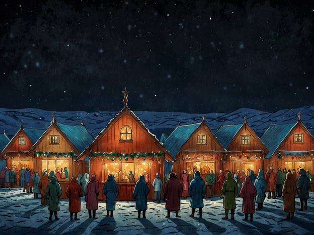 Auf dem Bild ist eine malerische Winterlandschaft mit einem Weihnachtsmarkt zu sehen. Die Holzhütten sind festlich dekoriert und erleuchtet, was eine gemütliche Atmosphäre schafft. Viele Menschen in warmen Kleidern stehen in einer Schlange, um die Angebote der Stände zu genießen.Besondere Veranstaltungen und Aktivitäten im Advent, die hier stattfinden könnten, sind beispielsweise:- **Weihnachtsmarktbesuche**: Wo Besucher lokale Handwerkskunst und festliche Leckereien probieren können.- **Glühwein- und Punschstände**: Diese bieten warme Getränke an, die für Gemütlichkeit sorgen.- **Lebkuchenverkauf und andere süße Köstlichkeiten**: Eine beliebte Tradition in der Adventszeit.- **Musik- und Tanzaufführungen**: Oftmals gibt es kleine Bühnen, auf denen lokale Künstler auftreten.- **Adventssonntage**: Gemeinsames Singen von Weihnachtsliedern und andere festliche Aktivitäten.Solche Ereignisse fördern das Gemeinschaftsgefühl und die Vorfreude auf das Weihnachtsfest während der Adventszeit.