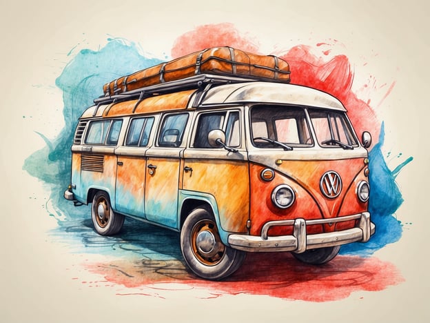 Auf dem Bild ist ein VW Bus zu sehen, der in einem kreativen, aquarellartigen Stil dargestellt ist. Dieser ikonische Transporter hat eine orange-blaue Farbgebung und einen Dachgepäckträger, was ihn ideal für Abenteuerreisen macht.Besondere Events und Angebote könnten beispielsweise Vintage-Fahrzeugtreffen oder Ausflüge in den Nationalpark mit diesem Fahrzeugtyp sein. Außerdem könnte man Workshops zur Restauration solcher Oldtimer oder zur Planung von Roadtrips in solchen Fahrzeugen anbieten.