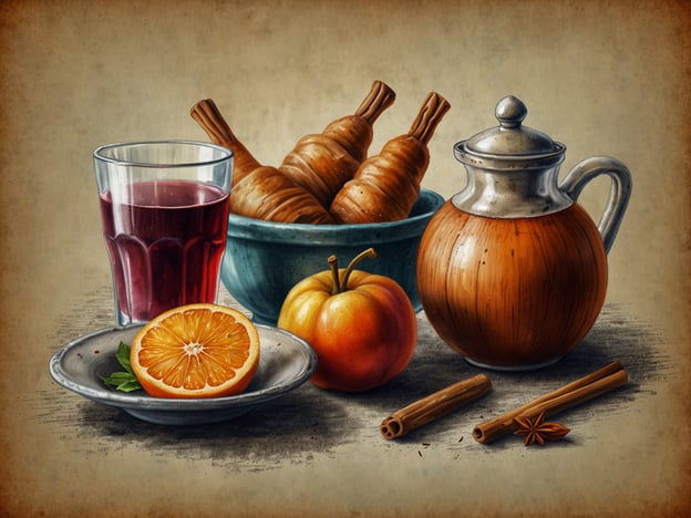 Auf dem Bild sind einige kulinarische Höhepunkte des Tallinner Weihnachtsmarktes zu sehen. Im Vordergrund liegt eine silberne Platte mit einer halbierten Orange, die frisch und saftig aussieht, sowie einem Apfel. Neben diesen Früchten sind einige Zimtstangen und eine Sternanisblüte, die typische Gewürze für die winterliche Jahreszeit darstellen.Im Hintergrund steht ein Glas mit einem roten, vermutlich heißen Getränk, das an Glühwein erinnert, ein beliebtes Getränk auf Weihnachtsmärkten. Daneben befindet sich ein Teller mit leckeren, gebackenen Teigwaren, die an traditionelle estnische Weihnachtsgebäcke erinnern. In der Ecke sieht man eine schöne Kanne, die wahrscheinlich für heiße Getränke gedacht ist. Alles zusammen vermittelt es ein einladendes und festliches Weihnachtsgefühl.