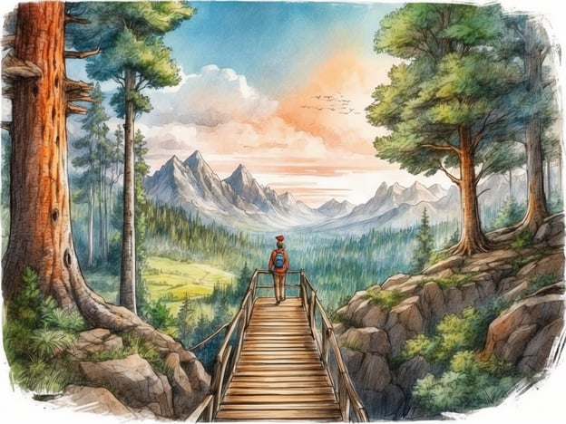 Auf dem Bild ist eine malerische Landschaft zu sehen, die eine Holzbrücke zeigt, die über einen felsigen Pfad führt. Im Hintergrund erstrecken sich hohe Berge und Wälder, während der Himmel in sanften Farben leuchtet. Ein Mensch steht am Ende der Brücke und blickt in die Ferne.
Der Kletterwald Zwiesel ist ein Freizeitpark in Bayern, Deutschland, der sich auf Kletterabenteuer in den Bäumen spezialisiert hat. Hier finden Besucher verschiedene Kletterkurse und Parcours in unterschiedlichen Schwierigkeitsgraden, die es ermöglichen, die Natur aus einer neuen Perspektive zu erleben.