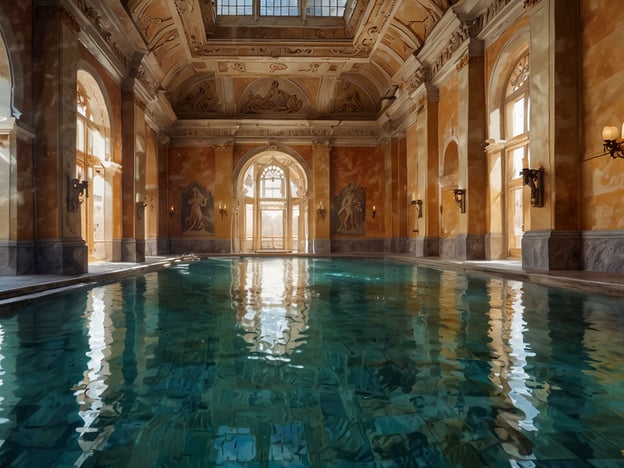 Auf dem Bild ist ein eleganter Innenraum mit einem großzügigen Pool zu sehen, der von stilvollen Wänden und hohen Fenstern umgeben ist. Diese Architektur erinnert an die beeindruckenden Thermalbäder in Budapest, wie das Széchenyi-Bad oder das Gellért-Bad.In diesen berühmten Thermalbädern findet man perfekte Ruhe und Entspannung. Das mineralreiche Wasser, die kunstvollen Hallen und die entspannende Atmosphäre laden die Besucher ein, sich vom Stress des Alltags zu erholen. Ein Besuch in einem dieser Bäder ist eine wunderbare Möglichkeit, Körper und Geist zu revitalisieren und zu entspannen.