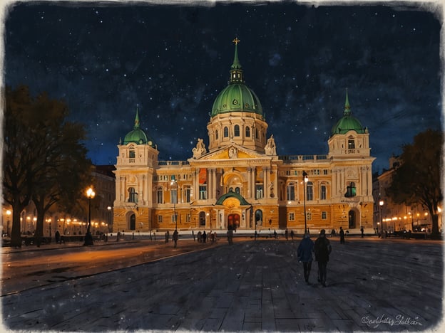 Auf dem Bild ist ein beeindruckendes Gebäude bei Nacht zu sehen, umgeben von einer winterlichen Atmosphäre. Während der Adventszeit könnten in solch einer Kulisse besondere Events stattfinden, wie zum Beispiel:1. **Weihnachtsmärkte**: Diese sind oft an öffentlichen Plätzen rund um historische Gebäude organisiert, wo Besucher traditionelles Essen, handgefertigte Geschenke und festliche Dekorationen genießen können.2. **Lichterschmuck**: Die Fassade wird häufig mit Lichtern und Dekoration geschmückt, was eine magische Stimmung erzeugt.3. **Adventskonzerte**: In der Nähe solcher Plätze werden oft unvergessliche Musikaufführungen und Chorkonzerte gegeben, um die festliche Stimmung zu unterstreichen.4. **Winterliche Veranstaltungen**: Aktivitäten wie Schlittschuhlaufen oder ein Weihnachtsbaum-Anschnitt können ebenfalls Teil des Programms sein.Solche Events schaffen eine einladende und festliche Atmosphäre, die die Vorfreude auf Weihnachten verstärkt.