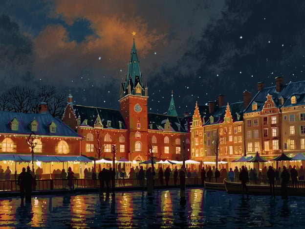 Auf dem Bild ist eine winterliche Szene in Kopenhagen zu sehen, vermutlich während der Adventszeit. Die Stadt ist festlich beleuchtet, mit schönen historischen Gebäuden und einem lebhaften Weihnachtsmarkt.Was Kopenhagen im Advent so besonders macht, sind die stimmungsvolle Beleuchtung, die festliche Atmosphäre und die traditionellen Weihnachtsmärkte. Die charmanten, beleuchteten Häuser und die winterliche Kulisse schaffen eine magische Stimmung, die Besucher aus aller Welt anzieht. Die Kombination aus Kultur, Geschichte und festlicher Freude macht Kopenhagen zu einem ganz besonderen Ort während der Adventszeit.