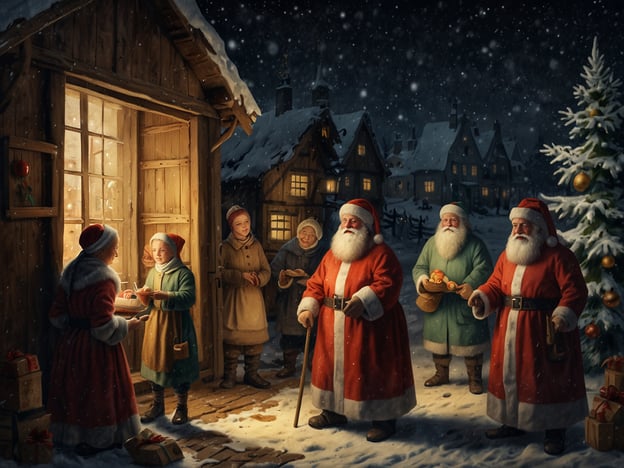 Auf dem Bild sind mehrere weihnachtlich gekleidete Figuren zu sehen, die in einer verschneiten, festlich dekorierten Landschaft stehen. Die Atmosphäre ist warm und einladend.Traditionelle dänische Weihnachtsaktivitäten, die hier dargestellt sein könnten, umfassen die Vorbereitung von Festessen, das Backen von Plätzchen und Lebkuchen oder das Feiern von „julefrokost“ (Weihnachtsmittagessen) mit der Familie. Auch das Singen von Weihnachtsliedern oder das Austauschen von Geschenken spielt in dieser Zeit eine große Rolle. Vielleicht symbolisiert das Bild auch, wie Kinder Weihnachtsgebäck an die Beschenker verteilen, was in Dänemark ebenfalls eine schöne Tradition ist.
