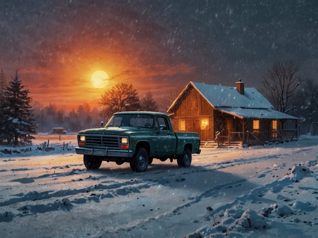 Auf dem Bild ist eine winterliche Landschaft zu sehen, in der ein grüner Pickup vor einem gemütlichen Holzhaus geparkt ist. Der Himmel strahlt in warmen Farbtönen, die durch den Sonnenuntergang erzeugt werden, und der Schnee glitzert sanft im Licht.Das milde Wetter, insbesondere in der Übergangszeit zwischen den Jahreszeiten, hat seine Vorzüge. Es erlaubt es den Menschen, die Schönheit der Natur ohne extreme Kälte zu genießen. Solche Szenen können Gemütlichkeit und Ruhe ausstrahlen, während der Schnee eine friedliche Atmosphäre schafft. Es ist eine ideale Gelegenheit für Aktivitäten im Freien, wie winterliche Spaziergänge oder gemütliche Abende am Feuer.
