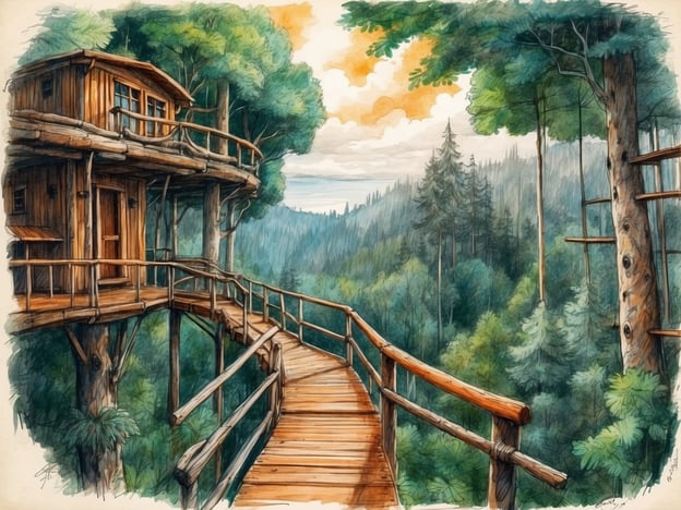 Auf dem Bild ist eine wunderschöne, holzverkleidete Baumhauskonstruktion zu sehen, die durch einen Steg mit der Umgebung verbunden ist. Die Szenerie zeigt üppige grüne Wälder und eine friedliche Landschaft im Hintergrund.
**Tipps für den Besuch im Kletterwald Zwiesel:**
1. **Frühzeitig planen:** Kommen Sie früh, um lange Wartezeiten zu vermeiden und genug Zeit für die verschiedenen Kletterparcours zu haben.
2. **Geeignete Kleidung:** Tragen Sie bequeme, wettergerechte Kleidung und festes Schuhwerk, das guten Halt bietet.
3. **Sicherheitsausrüstung:** Überprüfen Sie Ihre Sicherheitsausrüstung vor dem Klettern, inklusive Gurt und Karabiner. Hilfe gibt es beim Personal.
4. **Informieren Sie sich über die Parcours:** Je nach Fitnesslevel und Erfahrung gibt es unterschiedliche Schwierigkeitsgrade.
5. **Wasser mitnehmen:** Halten Sie sich während des Kletterns hydratisiert. Nehmen Sie eine Wasserflasche mit.
6. **Begleitung:** Für Anfänger ist es ideal, mit einem erfahrenen Kletterpartner zu gehen.
7. **Genießen Sie die Natur:** Nehmen Sie sich Zeit, die Schönheit der Natur um sich herum zu genießen. Machen Sie Pausen, um die Aussicht zu bewundern.
Viel Spaß im Kletterwald Zwiesel!