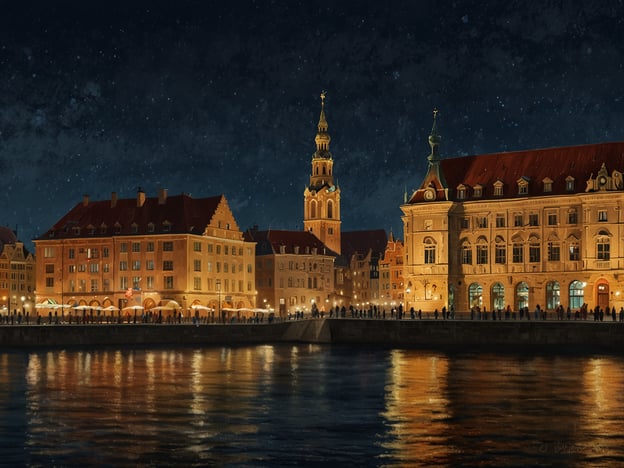 Auf dem Bild ist eine nächtliche Ansicht einer historischen Stadt mit beleuchteten Gebäuden und einem ruhigen Gewässer im Vordergrund zu sehen. Die Architektur scheint gut erhalten und strahlt eine besondere Atmosphäre aus, die an die prachtvollen Märkte und Traditionen vergangener Zeiten erinnert.Wenn wir die faszinierende Geschichte des Striezelmarktes betrachten, stellt dieser eine der ältesten und bekanntesten Weihnachtsmärkte in Deutschland dar, der in Dresden stattfindet. Er geht auf das Jahr 1434 zurück und hat seither viele Traditionen und Bräuche hervorgebracht, die Menschen aus aller Welt anziehen. Der Markt ist berühmt für seine handgefertigten Waren, den Striezel, sowie für das bunte Treiben und die festliche Atmosphäre, die sich an einem solchen Ort entfaltet.Das Bild könnte möglicherweise die Stimmung eines solchen Marktes während der Abendstunden widerspiegeln: die Vorfreude der Besucher, die Lichter der Stände und die magische Atmosphäre einer festlichen Jahreszeit.