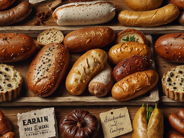 Auf dem Bild sind verschiedene kunstvoll gestaltete Backwaren zu sehen, die wie Würste und kleine Gebäckstücke aussehen. Diese kulinarischen Köstlichkeiten zeigen eine beeindruckende handwerkliche Fertigung. Die verschiedenen Formen und Texturen der „Wurst“-ähnlichen Objekte sind mit liebevollen Details versehen, die an das traditionelle Handwerk des Backens erinnern.Zusätzlich sind einige dekorative Elemente wie kleine Blätter und Beschriftungen eingebaut, die dem Arrangement einen charmanten, rustikalen Charakter verleihen. Alles in allem spiegelt das Bild eine harmonische Kombination aus kulinarischer Kreativität und sorgfältiger Handwerkskunst wider.