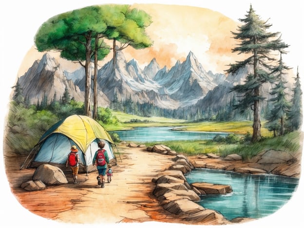 Auf dem Bild sind zwei Kinder zu sehen, die mit einem Hund auf einem Weg in der Natur unterwegs sind. Sie gehen in Richtung eines Zeltes, das am Ufer eines klaren Gewässers steht, umgeben von Bergen und viel Grün.Ein Waldspielgelände bietet Kindern zahlreiche Vorteile. Es fördert ihre Kreativität, indem sie die Freiheit haben, sich in der Natur zu bewegen und zu erkunden. Durch das Spielen im Freien entwickeln sie motorische Fähigkeiten und stärken ihr Selbstbewusstsein beim Entdecken neuer Umgebungen. Zudem lernen sie den verantwortungsbewussten Umgang mit der Natur, während sie soziale Fähigkeiten im Spiel mit anderen Kindern fördern. Solche Erlebnisse, wie sie auf dem Bild angedeutet werden, sind entscheidend für eine gesunde Entwicklung und das Wohlbefinden der Kinder.