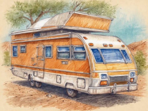 Ein orangefarbenes Wohnmobil steht auf einer sandigen Fläche umgeben von kargem Terrain und wenigen Bäumen. Das Design ist nostalgisch mit markanten Kabinenlinien und großen Fenstern, die viel Licht ins Innere lassen. Das Dach ist aufklappbar, was für zusätzliche Höhe und Belüftung sorgt. Die Szenerie vermittelt ein Gefühl von Abenteuer und Freiheit, ideal für nachhaltige und individuelle Reisen in der Natur.