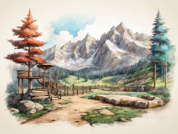 Auf dem Bild ist eine malerische Landschaft zu sehen, die an das Waldspielgelände am Bergwinkl erinnert. Im Vordergrund steht ein Holzspielhaus auf einer Anhöhe, das umgeben ist von verschiedenen Bäumen, darunter ein auffälliger roter Baum. Die Ausblicke auf die majestätischen Berggipfel im Hintergrund und die weiten, grünen Wiesen vermitteln ein Gefühl von Naturverbundenheit.Es gibt einen Naturweg, der zur Spielstruktur führt, und einige Steine und Pflanzen schmücken das Gelände, was den Abenteuergedanken unterstützt. Die gesamte Szenerie lädt dazu ein, die Umgebung zu erkunden und draußen zu spielen, was typisch für das Waldspielgelände ist.