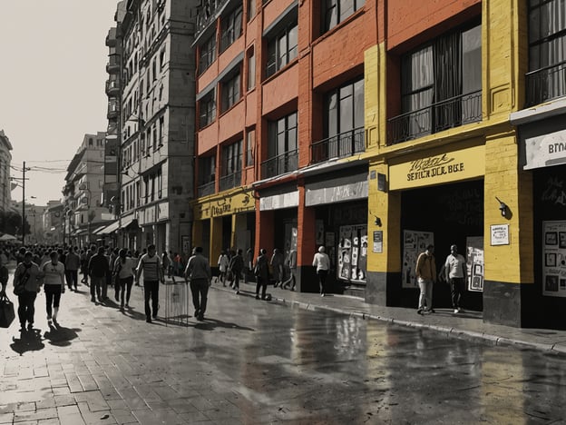 Auf dem Bild ist eine belebte Straße in Bogotá zu sehen, die von bunten Gebäuden gesäumt wird. Diese Szenerie könnte in der Nähe des kulturellen Zentrums „La Candelaria“ sein, einem Stadtteil, der für seine historische Architektur und künstlerische Atmosphäre bekannt ist.In Bogotá finden viele kulturelle Veranstaltungen statt, darunter die **Internationale Buchmesse** und das **Festival Iberoamericano de Teatro**, die Besucher aus aller Welt anziehen. Die Straßen sind auch oft Schauplatz für Straßenkunst und -aufführungen, was das Stadtbild lebendig und dynamisch macht.Die herrliche Mischung aus Tradition und Moderne zeigt sich auch in den vielen Kunstgalerien, Cafés und Restaurants, die an solchen Orten zu finden sind.