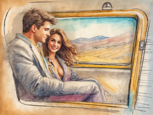Ein junges Paar sitzt entspannt nebeneinander in einem Fahrzeug und schaut lächelnd aus dem Fenster. Man sieht eine malerische Landschaft mit sanften Hügeln und Bergen im Hintergrund. Die Atmosphäre wirkt romantisch und einladend, ideal für Erlebnisse im Urlaub. Der Stil des Bildes ist aquarellartig, was eine gemütliche und träumerische Stimmung vermittelt.