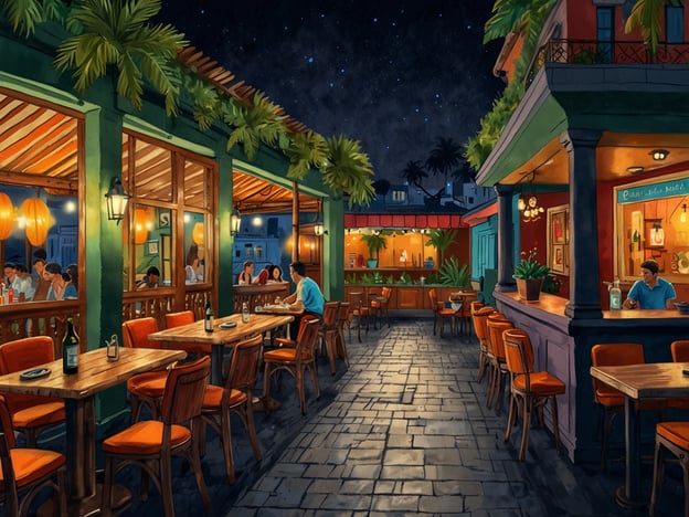 Auf dem Bild sieht man ein charmantes Restaurant in Cartagena, das in der Nacht beleuchtet ist. Der Außenbereich ist mit Tischen und Stühlen ausgestattet, die einladend wirken und Platz für gesellige Abende bieten. Die warme Beleuchtung und die tropischen Pflanzen schaffen eine entspannte Atmosphäre.Die moderne Facette Cartagenas zeigt sich in der Architektur und der Gestaltung des Lokals, das traditionelle Elemente mit zeitgenössischem Flair kombiniert. Hier genießen die Gäste lokale Spezialitäten und Getränke, während das pulsierende Nachtleben der Stadt um sie herum pulsiert. Solche Orte sind typisch für Cartagenas lebendige Kultur, die sowohl traditionelle als auch moderne Einflüsse vereint.