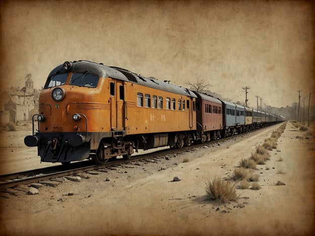 Auf dem Bild ist eine alte Lokomotive zu sehen, die auf einem Schienenweg fährt. Diese Lokomotive, mit einem markanten orangefarbenen Anstrich, zieht mehrere Waggons hinter sich her und ist von einer kargen Landschaft umgeben. Diese Szenerie kann als Symbol für die Entwicklung des Verkehrs und die Wege, die sich durch die Geschichte hindurch eröffnet haben, betrachtet werden.Ein Blick in die Geschichte: Vom Konflikt zur Kultur zeigt, wie technische Fortschritte, wie die Eisenbahn, nicht nur den Transport und die Mobilität revolutionierten, sondern auch kulturelle Verbindungen schufen. Die Eisenbahn spielte eine entscheidende Rolle in der industriellen Entwicklung und in der Schaffung von Gemeinschaften, indem sie Menschen und Waren miteinander verband und somit das soziale und wirtschaftliche Leben veränderte.
