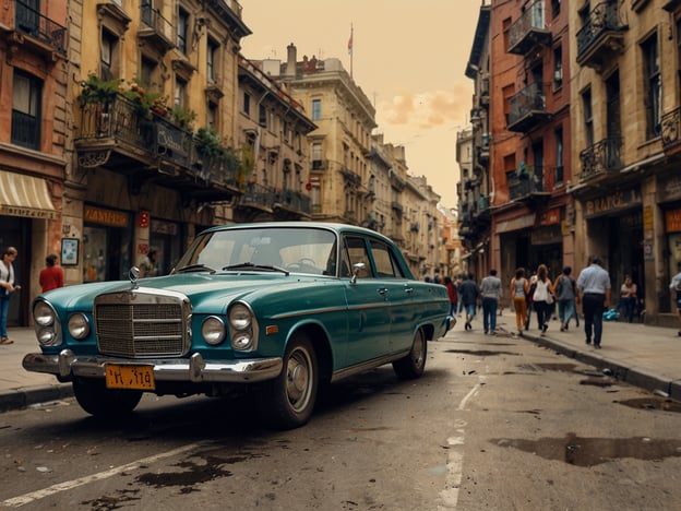 Auf dem Bild entfaltet sich ein urbanes Schauspiel, das die Seele der Stadt widerspiegelt. Im Herzen einer lebhaften Straße posiert ein vintage-blauer Wagen, ein Relikt vergangener Tage, das Geschichten von Reisen und Abenteuern erzählt. Um ihn herum schlendern Menschen in unterschiedlichster Kleidung, ihre Gesichter von der Neugier des Stadtlebens erleuchtet.Die Gebäudefassaden sind in warmen, erdigen Tönen gehalten, reich verziert mit Balkonen, die das Leben der Stadt aus dem Inneren nach außen tragen. Bunte Blumenbereiche und geschäftige Schaufenster verströmen einen Hauch von Kreativität und Lebensfreude. Der Himmel hat einen sanften, nostalgischen Farbton, der dem Bild eine träumerische Atmosphäre verleiht.Die Pfützen auf dem Asphalt reflektieren die Bewegungen der Passanten und sind wie kleine Spiegel, die die pulsierende Energie der Stadt einzufangen scheinen. Diese Szenerie ist nicht nur eine Momentaufnahme, sondern ein lebendiges Gemälde, das die Kultur und den unaufhörlichen Fluss des Lebens in dieser urbanen Oase widerspiegelt.