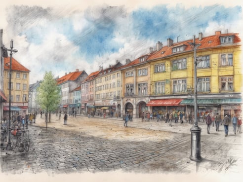 Eine belebte Straße mit historischen Gebäuden in verschiedenen Farben wie Gelb, Blau und Rot. Auf der linken Seite ist ein grüner Baum sichtbar, daneben stehen mehrere Menschen. Auf dem Gehweg sind Passanten unterwegs, einige bummeln oder unterhalten sich. Die Pflastersteine des Platzes verleihen der Szene einen charmanten, städtischen Charakter. Der Himmel ist teilweise bewölkt, was dem Bild eine angenehme Lichtstimmung verleiht.