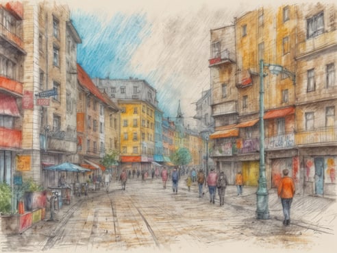 Eine belebte Straße in einer Stadt mit vielfältigen Gebäuden, die unterschiedliche Farben und Stile zeigen. Die Gehwege sind mit Passanten belebt, die in verschiedenen Richtungen gehen. Auf der linken Seite stehen einige kleine Cafés mit bunten Sonnenschirmen, während rechts Geschäfte zu sehen sind, deren Bretter teilweise bemalt sind. Im Hintergrund ragt ein Kirchturm aus der Szenerie heraus, und der Himmel zeigt eine Mischung aus Hellblau und Wolken. Chemnitz 2025: Ein Jahr voller Kultur und Vielfalt erwartet dich.