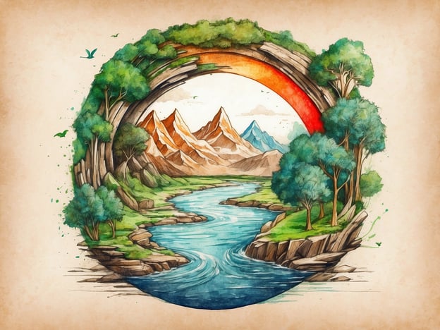 Auf dem Bild ist eine künstlerische Darstellung einer natürlichen Landschaft zu sehen, die Elemente wie Berge, fließendes Wasser und üppige Bäume umfasst. Die gewölbte Form, die den Hintergrund umrahmt, könnte symbolisch für die Idee der Nachhaltigkeit stehen, indem sie die Harmonie zwischen Mensch und Natur betont. Der Fluss, der durch die Landschaft fließt, symbolisiert das Leben und die Wichtigkeit sauberer Wasserressourcen.Die Darstellung vermittelt ein starkes Gefühl von Umweltbewusstsein und zeigt, wie wichtig es ist, unsere natürlichen Ressourcen zu schützen und zu bewahren. Hier wird die Schönheit der Natur hervorgehoben und ein Aufruf zur Nachhaltigkeit und zur Verantwortung gegenüber der Umwelt angedeutet. Solche Bilder können inspirieren, sich aktiv für den Schutz und die Erhaltung unserer Erde einzusetzen.
