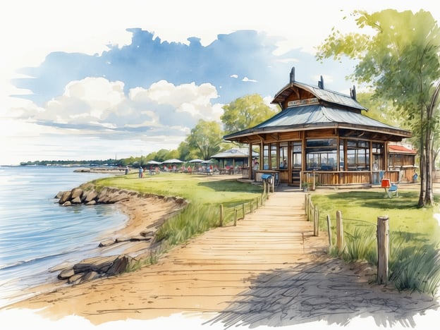 Auf dem Bild ist eine schöne Küstenlandschaft mit einem Holzpavillon zu sehen, der am Wasser steht. Der Strand ist sandig, und es gibt Bäume sowie Liegestühle oder Sonnenschirme in der Nähe.
Für einen gelungenen Aufenthalt an einem solchen Ort könnten folgende Tipps hilfreich sein:
1. **Sonnenschutz**: Vergessen Sie nicht, Sonnencreme aufzutragen und einen Hut zu tragen, um sich vor der Sonne zu schützen.
2. **Wasser mitnehmen**: Halten Sie sich hydriert, besonders wenn Sie Zeit in der Sonne verbringen.
3. **Aktivitäten**: Nutzen Sie die Gelegenheit zum Schwimmen, Paddeln oder für Strandspiele. Ein gutes Buch oder ein gutes Spiel sorgen ebenfalls für Entspannung.
4. **Picknick vorbereiten**: Packen Sie Snacks oder ein leichtes Mittagessen ein, um das Erlebnis zu vervollständigen.
5. **Natur genießen**: Nehmen Sie sich Zeit, um die Umgebung zu erkunden und die Natur zu genießen.
6. **Sauberkeit**: Denken Sie daran, Ihren Müll mitzunehmen und die Umgebung sauber zu halten.
Viel Spaß bei Ihrem Aufenthalt!