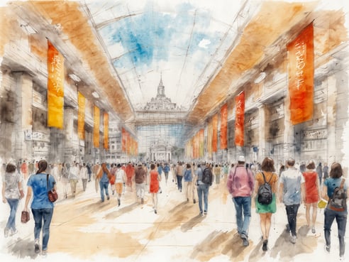 Eine belebte Halle mit Menschen, die in verschiedene Richtungen gehen. Die Wände sind mit bunten Bannern geschmückt, die in orange und rot gehalten sind. Im Hintergrund ist ein großes Glasgebäude oder eine monumentale Struktur sichtbar, die von der Sonne beleuchtet wird. Die Menschen variieren in ihrer Kleidung und zeigen einen vielfältigen Mix von Stilen. Das Gesamtbild vermittelt eine lebendige Atmosphäre, die an ein wichtiges Event im Bereich Tourismus erinnert.