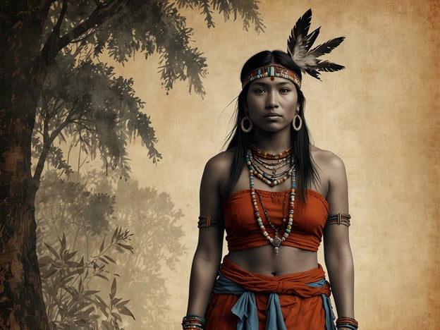 Auf dem Bild ist eine Person zu sehen, die traditionelle Kleidung trägt, die typischerweise mit indigenen Gemeinschaften assoziiert wird. Ihre Bekleidung und Schmuckelemente, wie die Halsketten und Ohrringe, spiegeln das kulturelle Erbe und die spirituellen Praktiken dieser Gemeinschaften wider.Die Verwendung von Federn und anderen natürlichen Materialien kann auf rituelle Bedeutungen hinweisen, die oft eng mit der Verbindung zur Natur und den Ahnen verbunden sind. In vielen indigenen Kulturen spielen Zeremonien und rituelle Kleidungen eine zentrale Rolle, um die Zugehörigkeit zur Gemeinschaft und die Ehrung von spirituellen Werten auszudrücken.Die Präsenz eines Baumes im Hintergrund kann auch symbolisch für die Verbindung zu den Vorfahren und zur Erde stehen, da Bäume oft als heilig betrachtet werden. Dieses Bild verkörpert somit die tief verwurzelten Traditionen und den Respekt vor der Natur, die für viele indigene Völker von entscheidender Bedeutung sind.