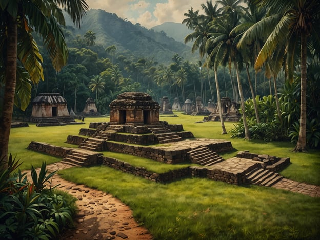 Auf dem Bild sind Überreste einer antiken Stadt zu sehen, die an die Ciudad Perdida erinnert. Diese Stadt, auch bekannt als die "verlorene Stadt", wurde von der Tairona-Kultur in den Anden Kolumbiens erbaut. Sie liegt tief im Dschungel und ist von einer üppigen Vegetation umgeben, ähnlich wie auf dem Bild.Die Architektur zeigt steinerne Stufen und Rundbauten, die bis zur Entdeckung im 20. Jahrhundert größtenteils verborgen waren. Die Ruinen zeugen von einer hochentwickelten Zivilisation, die in Harmonie mit der Natur lebte. Diese Stätte war nicht nur ein Wohnort, sondern auch ein religiöses und kulturelles Zentrum, das die spirituellen Praktiken und das soziale Leben der Tairona reflektierte.In dieser Landschaft erkennen wir die Spuren der Vergangenheit, die heute von Besuchern erkundet werden und die Geschichte dieser faszinierenden Kultur lebendig halten.