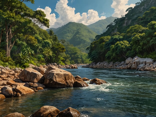 Auf dem Bild ist eine malerische Landschaft zu sehen, die eine ruhige Flusslandschaft inmitten von üppiger Natur zeigt. Die Herausforderungen des Abenteuers könnten darin bestehen, den Fluss zu erkunden und den besten Weg durch die Felsen zu finden. Vielleicht gibt es auch versteckte Gebiete, die es zu entdecken gilt, während man durch den dichten Wald wandert.Die Belohnungen dieser Expedition sind die atemberaubenden Ausblicke auf die Umgebung, das Eintauchen in die Natur und die Ruhe des Wassers, die eine friedliche Auszeit bieten. Abenteurer könnten die Gelegenheit nutzen, Fotos von der beeindruckenden Umgebung zu machen oder einfach die frische Luft und die Schönheit der Landschaft zu genießen.