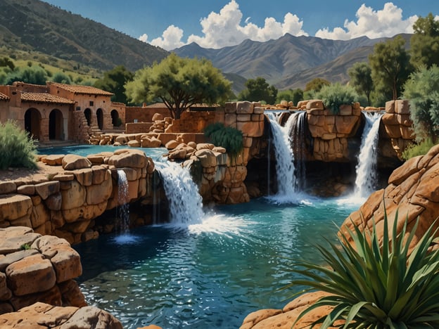 Das Bild zeigt eine attraktive Landschaft mit Wasserfällen, die über Felsen fließen und in einem klaren, blauen Wasserfall enden. Die Kulisse wird von einem hügeligen Gelände umgeben, das von üppigem Grün und Bäumen geprägt ist.Rund um Villa de Leyva gibt es viele natürliche Wunder, die die Schönheit der Region unterstreichen. Die beeindruckende Wüstenlandschaft der Umgebung, die traditionellen, kolonialen Gebäude und die Berglandschaften bieten atemberaubende Ausblicke. Besonders bemerkenswert sind Orte wie der Parque Arqueológico de Monquirá und die beeindruckenden Felsenzeichnung von Infiernito. Diese Naturwunder ziehen viele Besucher an, die die einzigartige Landschaft erkunden möchten.