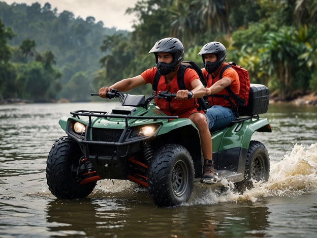 Auf dem Bild sehen wir zwei Personen, die mit einem Quad über ein Gewässer fahren. Dies erinnert an aufregende Abenteueraktivitäten, die man in Guatapé erleben kann.In Guatapé kann man zum Beispiel Quadfahren durch die atemberaubende Natur, die von Seen und Bergen geprägt ist. Solche Touren ermöglichen es Teilnehmern, die beeindruckenden Landschaften und die vielfältige Tierwelt der Region zu erkunden. Weitere Aktivitäten in Guatapé könnten Wandern, Boottouren auf dem Stausee oder das Besteigen des Felsens „Peñol“ sein, von dem man eine spektakuläre Aussicht hat.