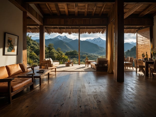 Auf dem Bild ist ein stilvolles, modernes Wohnambiente mit großen Fenstern zu sehen, die einen atemberaubenden Blick auf eine bergige Landschaft bieten. Die Einrichtung wirkt einladend und gemütlich, mit einem kombiniertem Wohn- und Essbereich.**Anreise:** Um zu einer solchen Unterkunft zu gelangen, empfiehlt es sich, entweder mit dem Auto zu fahren oder öffentliche Verkehrsmittel zu nutzen, je nach Lage. Die nächste Stadt könnte eine gute Anlaufstelle sein, um eine geeignete Anreiseoption zu wählen.**Unterkunftsmöglichkeiten:** Diese Art von Unterkunft könnte ein Ferienhaus oder eine Berghütte sein, die sowohl für kurze als auch längere Aufenthalte angeboten wird. In der Umgebung könnten auch Hotels oder Bed & Breakfasts vorhanden sein, die ähnliche atemberaubende Ausblicke bieten.