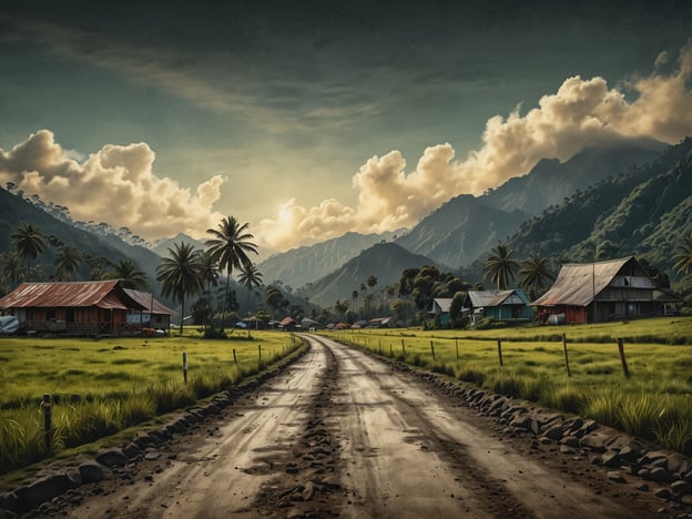 Auf dem Bild ist eine malerische Landschaft zu sehen, die das Cocora-Tal widerspiegelt. Die Szenerie zeigt ein schlammiges, unbefestigtes Straßenstück, das durch eine grüne Wiese führt, umgeben von hohen Bergen und Palmen. In der Nähe befinden sich mehrere einfache Häuser mit Blechdächern.Für die Anreise ins Cocora-Tal empfiehlt es sich, eine Verbindung durch die umliegenden Städte, wie Salento, zu nutzen. Von dort aus gibt es Transportmöglichkeiten wie Jeeps oder organisierte Touren, die direkt ins Tal fahren. Diese Option ermöglicht es Reisenden, die beeindruckende Natur und die charakteristische Landschaft mit wenig Aufwand zu genießen.